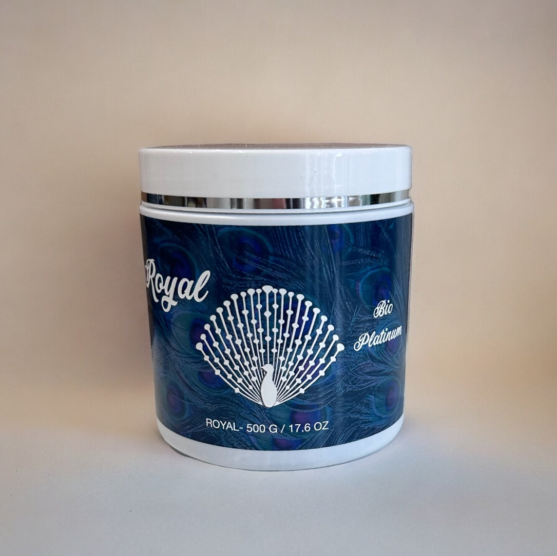 A 500g container of Royal Bio Platinum Hair Botox, made with natural ingredients to deeply repair, smooth, and nourish hair for a healthy, silky finish.