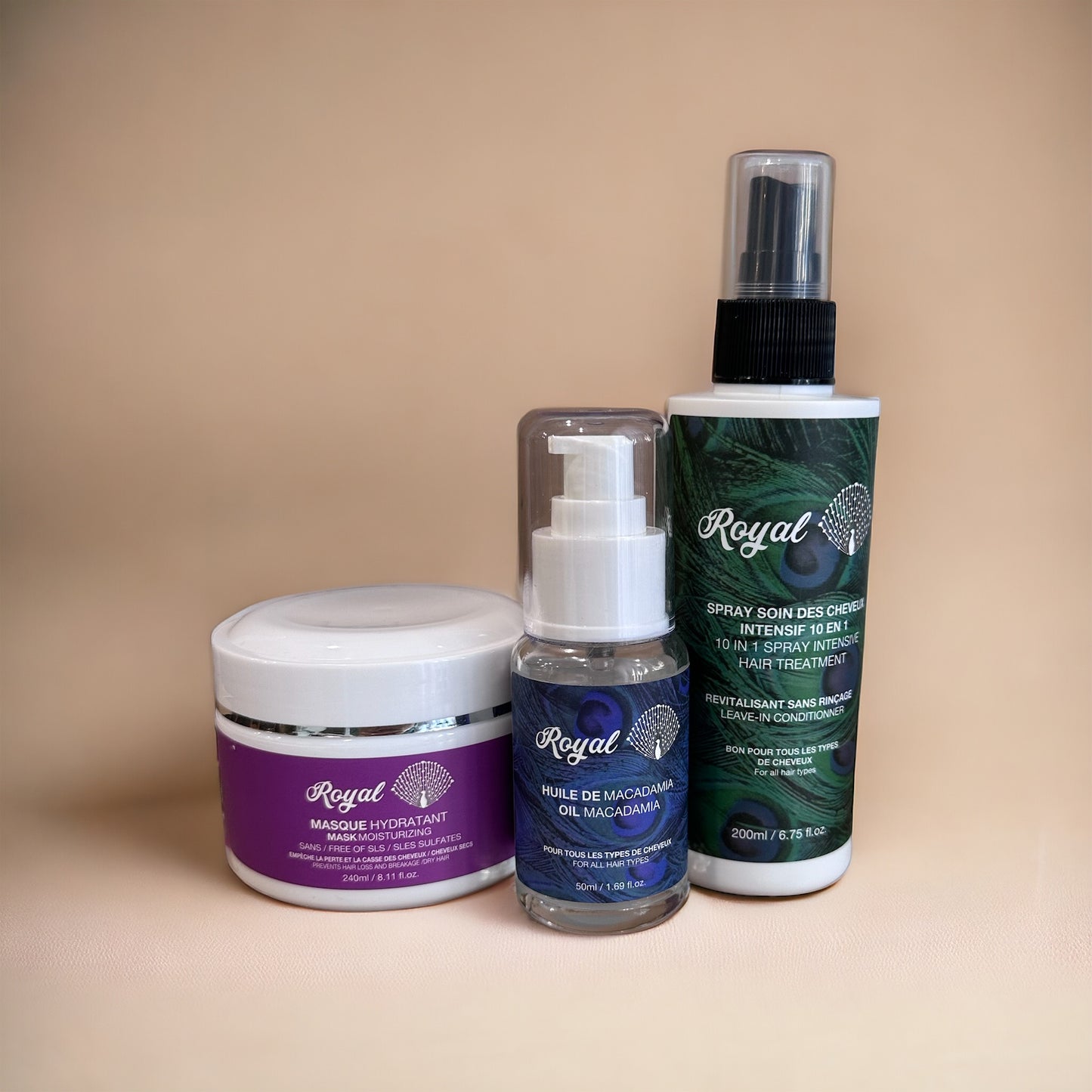 Royal Maximum Hydration products including a moisturizing hair mask, hydrating hair oil, and 10-in-1 leave-in conditioner, shown without packaging, designed to deeply nourish and hydrate hair for soft, healthy, and manageable results.