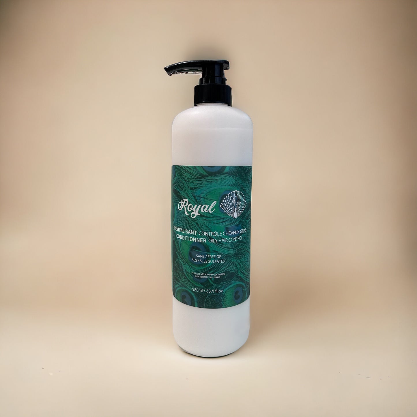 A 1-liter bottle of Royal Oily Hair Control Conditioner, designed to balance and control oily hair, leaving it fresh, soft, and manageable.