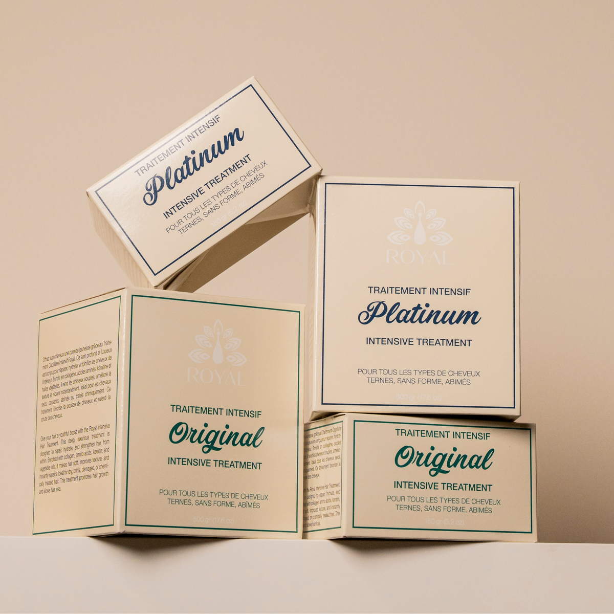 ROYAL Original and Platinum Intensive Hair Treatment boxes in 150 g and 500 g sizes displayed together.