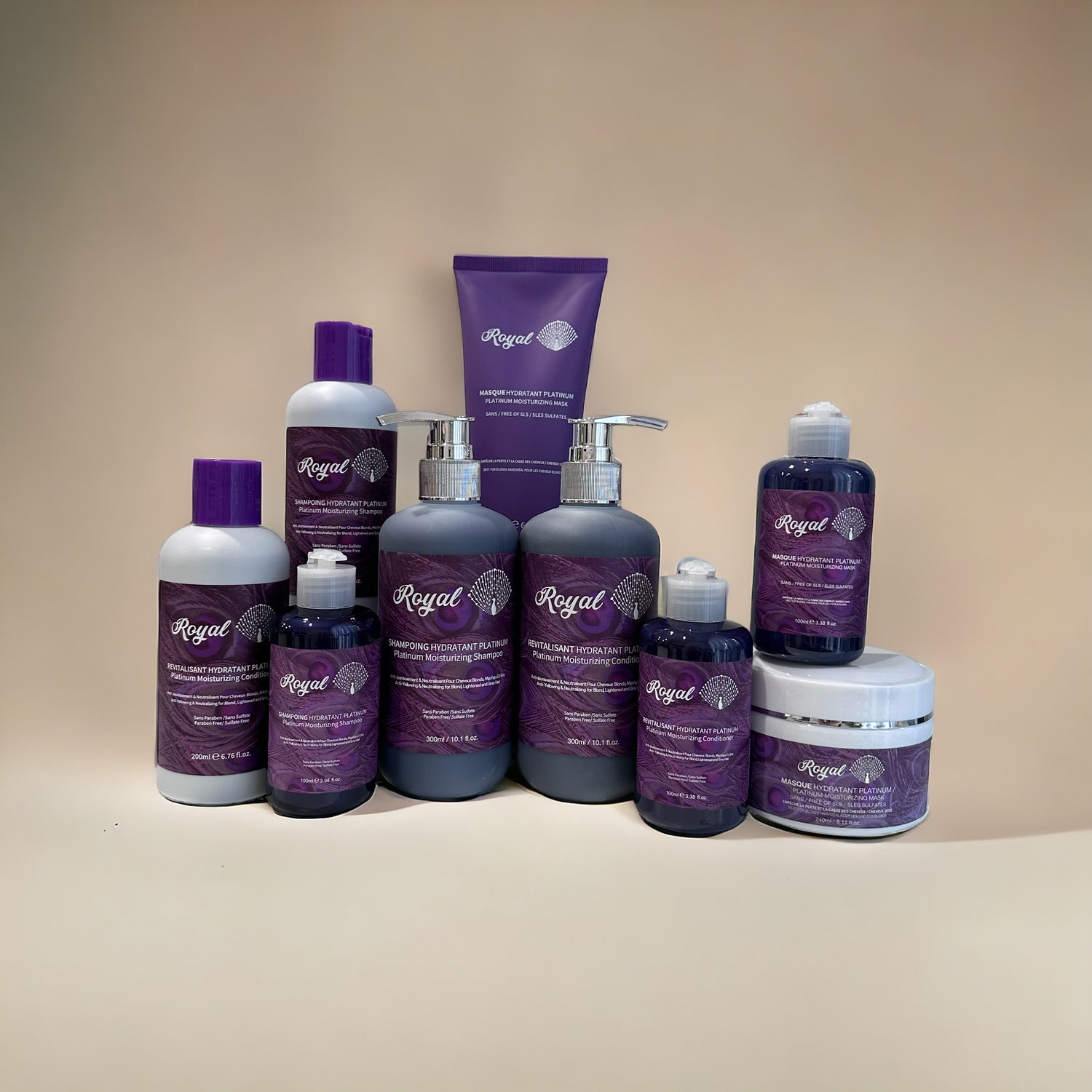 The complete Royal Platinum haircare collection, including shampoo, conditioner and hair mask