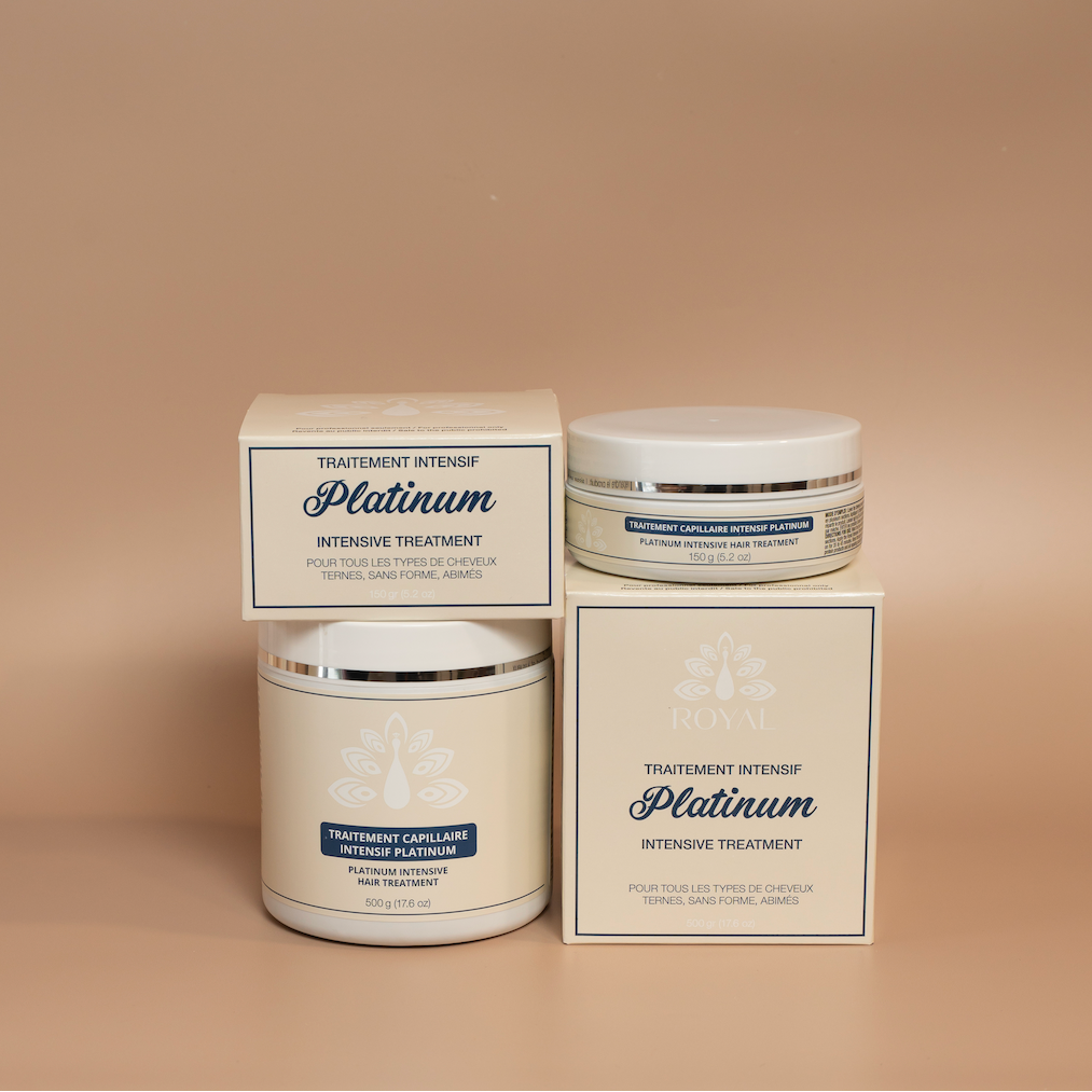 ROYAL Platinum Intensive Hair Treatment collection featuring 150 g and 500 g jars with matching boxes.