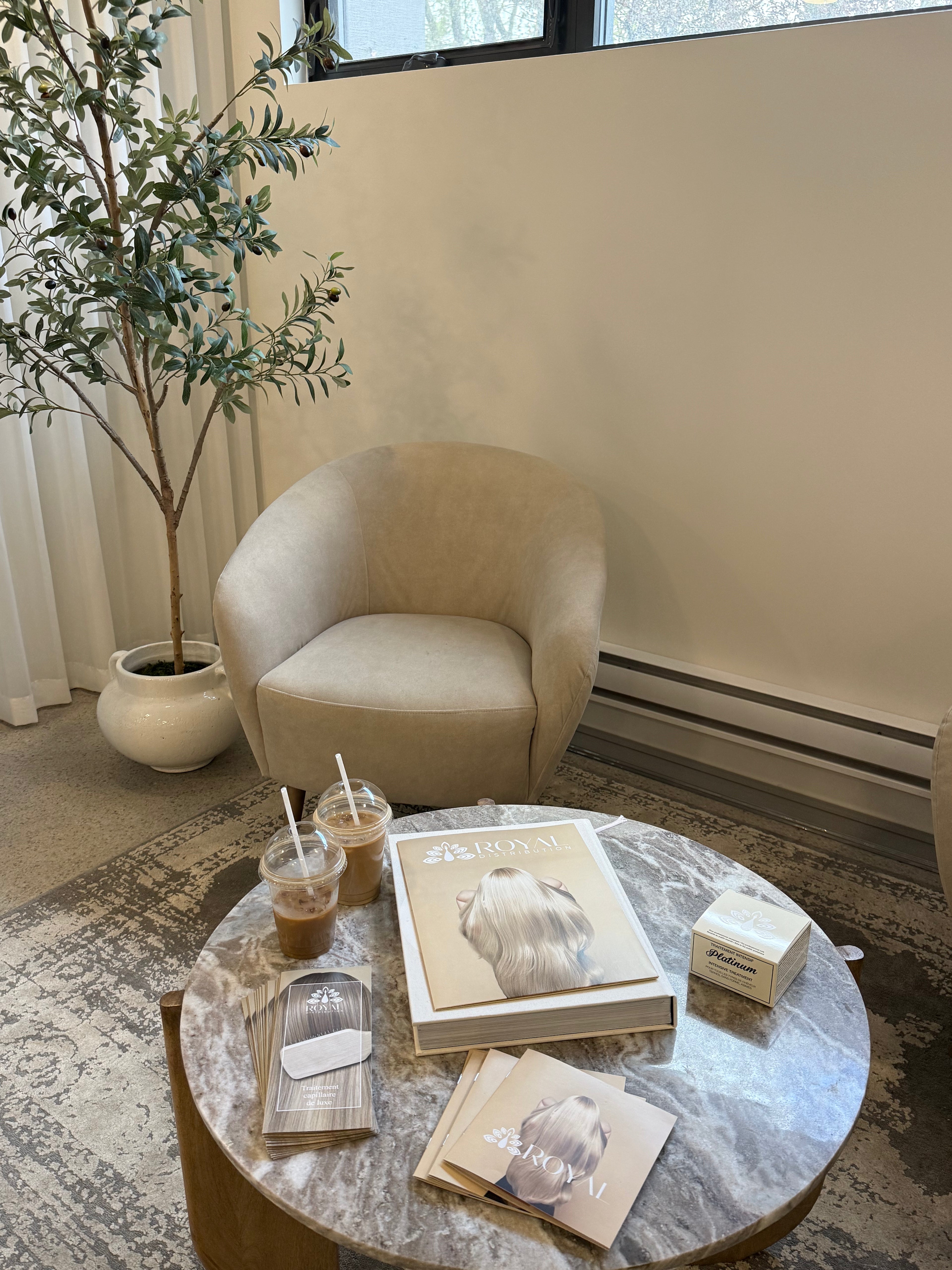 ROYAL professional hair treatment training setup featuring educational materials, brochures and product presentation displayed on a marble table in an elegant neutral-toned space.