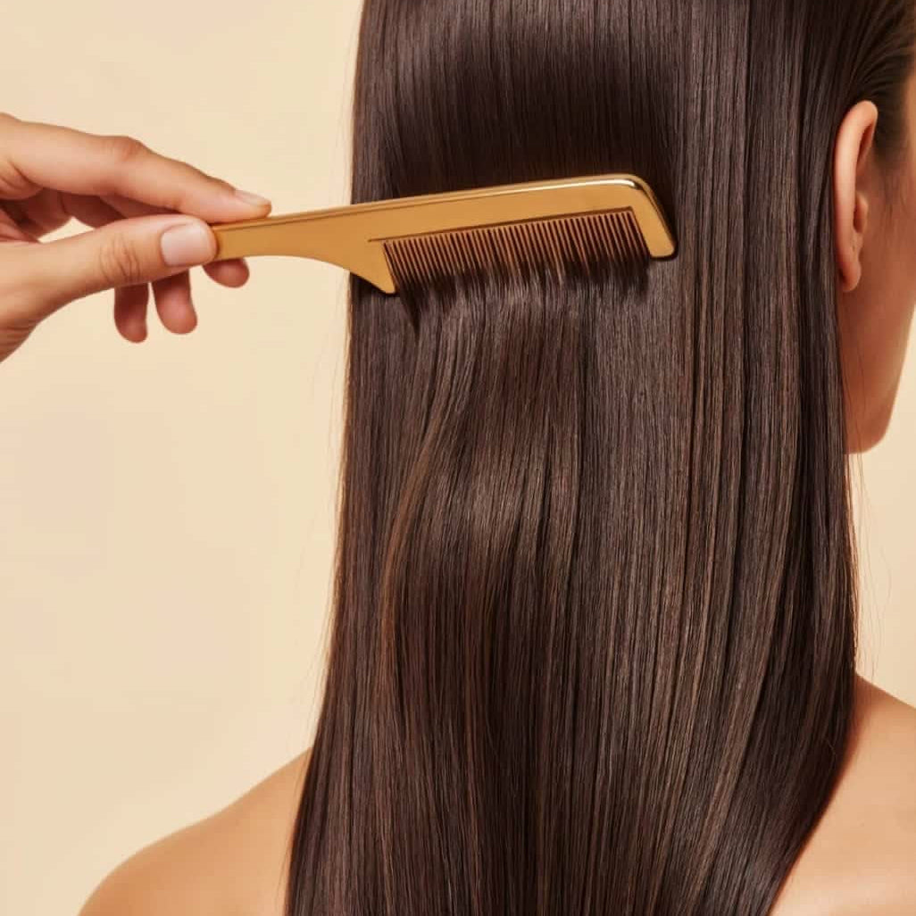 Close-up of long, straight brown hair being combed with a gold comb against a warm beige background.