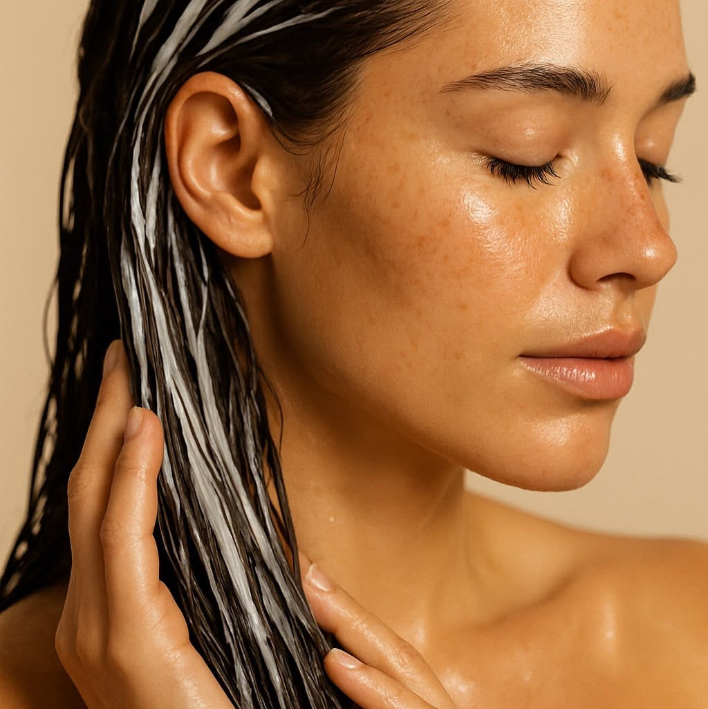Woman with wet, dark hair and white cream distributed through the strands, gently holding her hair against a warm beige background.