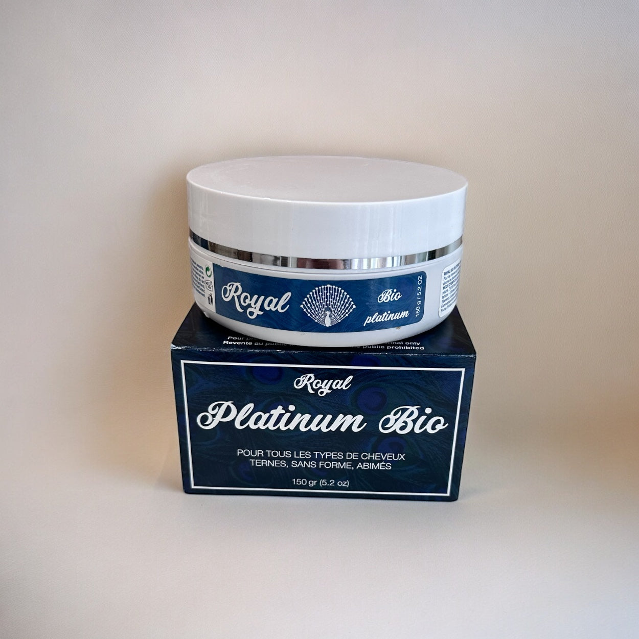 A 150g container of Royal Bio Platinum Hair Botox, made with natural ingredients to deeply repair, smooth, and nourish hair for a healthy, silky finish.