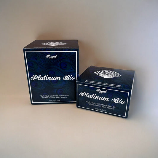 Royal Bio Platinum Hair Botox in 150g and 500g boxed packaging, made with natural ingredients to deeply repair, smooth, and nourish hair for a healthy, silky finish.
