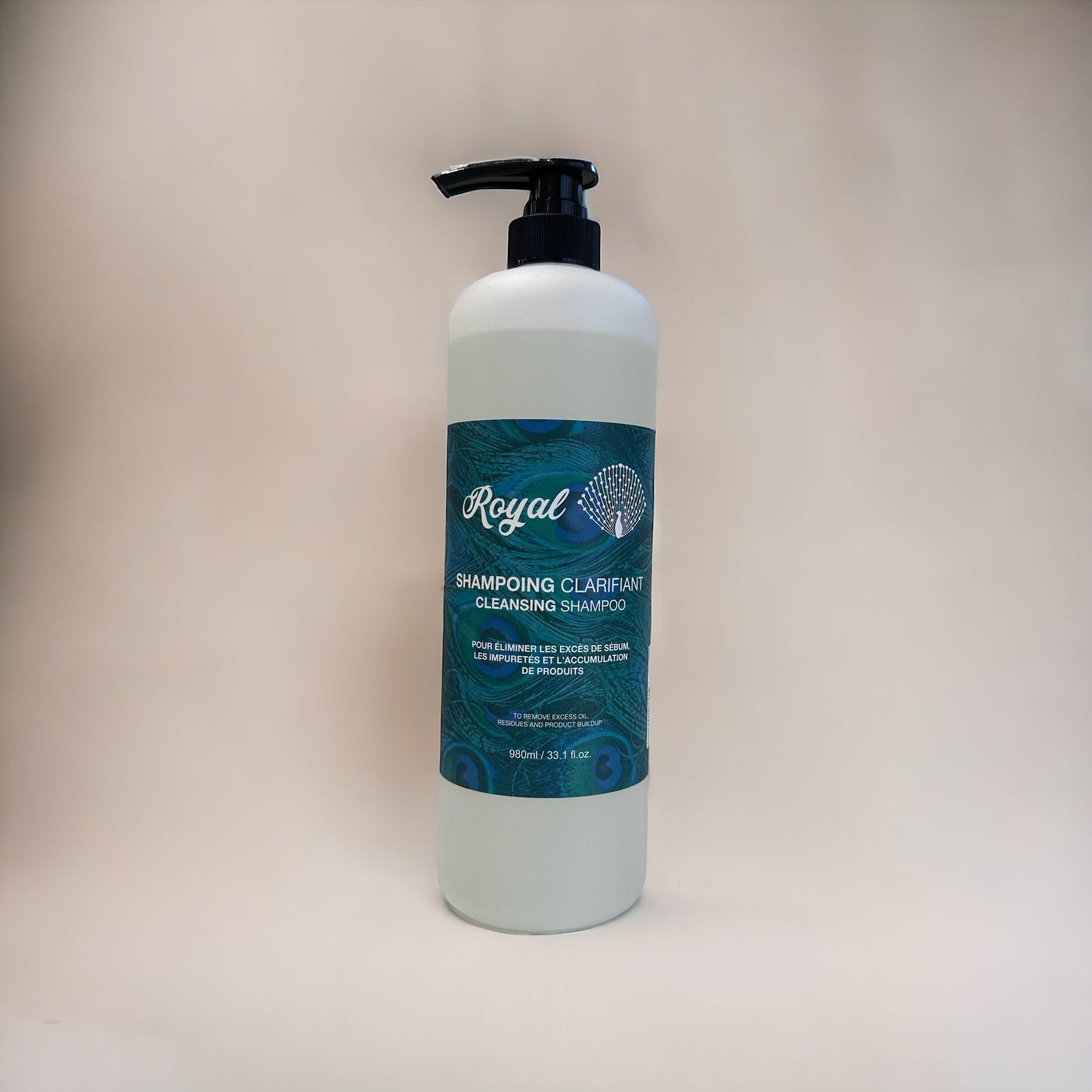 A 1-liter bottle of Royal Clarifying Shampoo, formulated to deeply cleanse hair and scalp, removing buildup and leaving hair fresh, healthy, and revitalized.