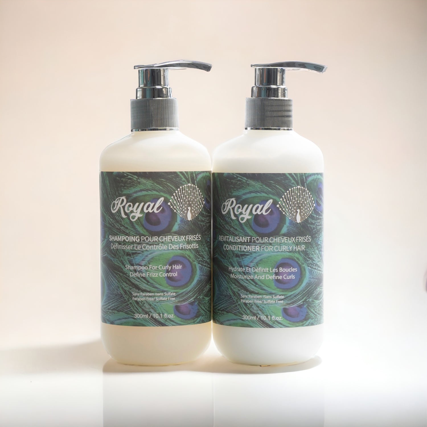 Royal Curly Hair Shampoo and Conditioner duo in 300ml bottles, specially formulated to cleanse, hydrate, and define curly hair for soft, bouncy, and healthy curls.