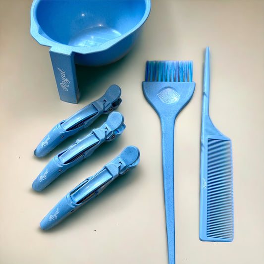 Royal Hair Application Tool Set in blue, including 3 hair clips, 1 brush, 1 comb, and 1 bowl, designed for easy and precise application of hair treatments.