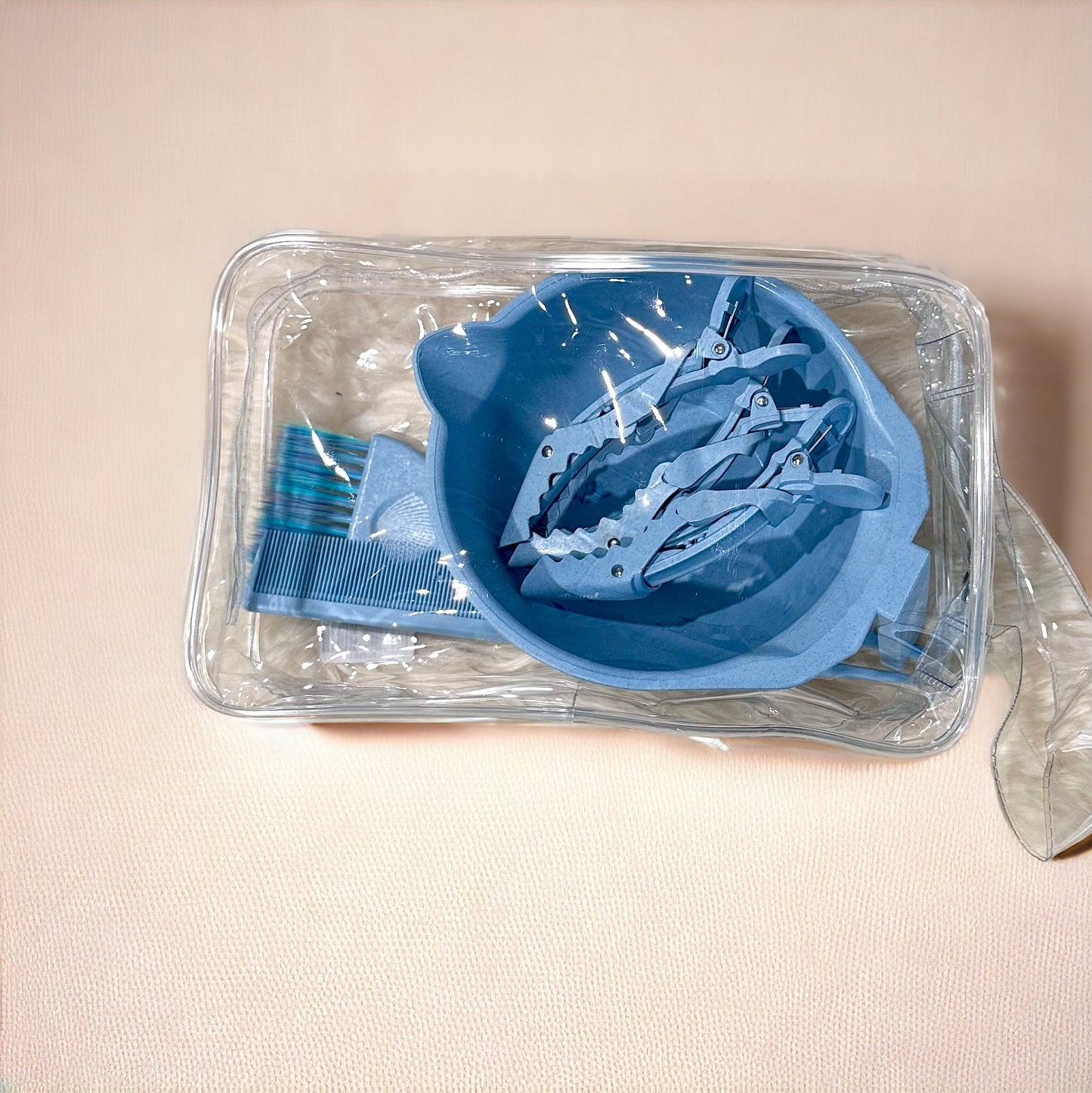 Blue Royal Hair Application Tools set, featuring 3 hair clips, a brush, a comb, and a bowl, ideal for precise and convenient application of hair treatments.