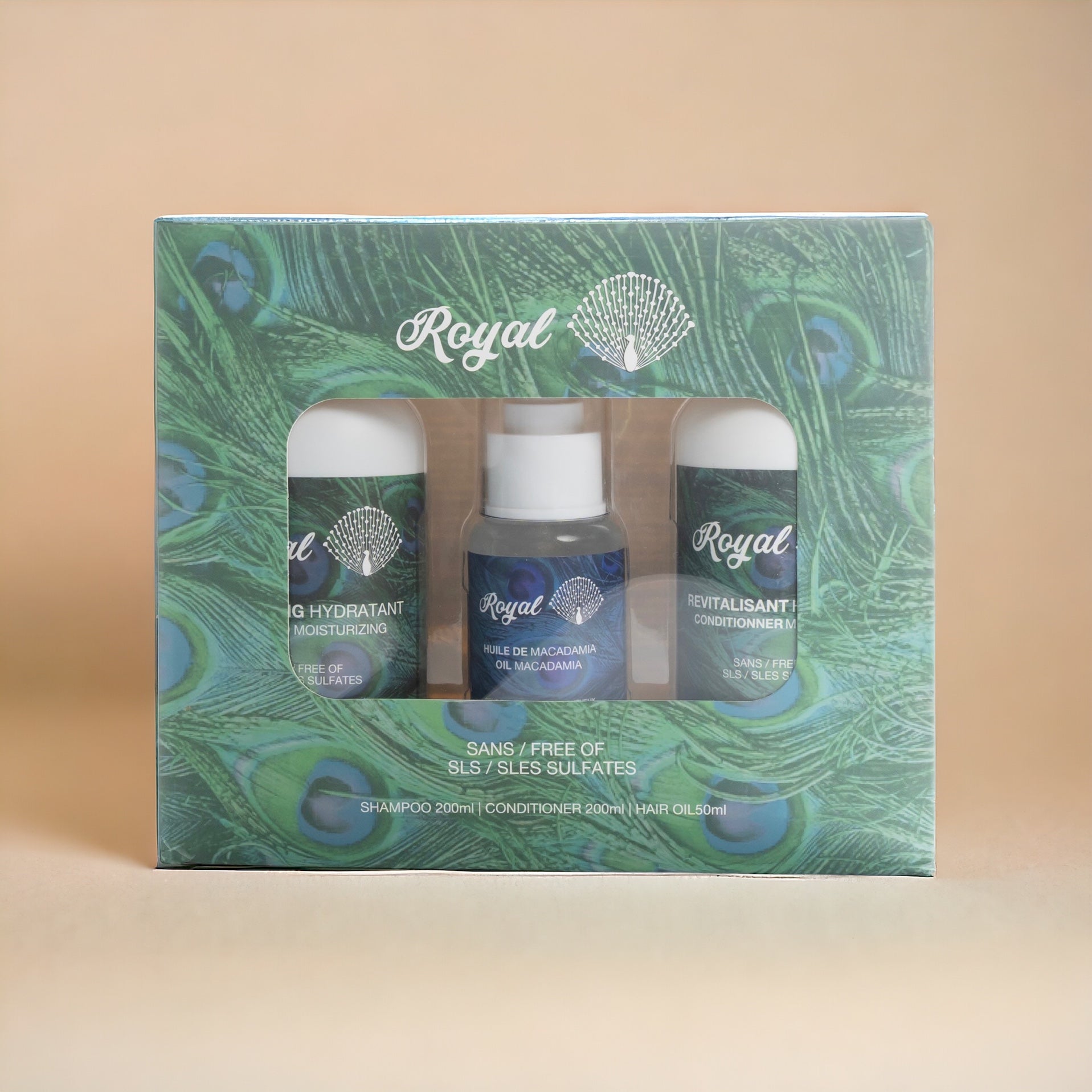 Royal Hydration Travel Set including moisturizing shampoo, moisturizing conditioner, and hydrating hair oil, perfect for maintaining soft, nourished, and healthy hair on the go.