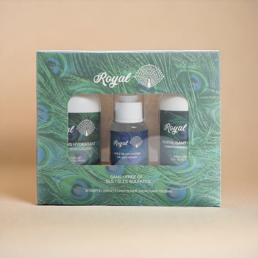 Royal Hydration Travel Set including moisturizing shampoo, moisturizing conditioner, and hydrating hair oil, perfect for maintaining soft, nourished, and healthy hair on the go.
