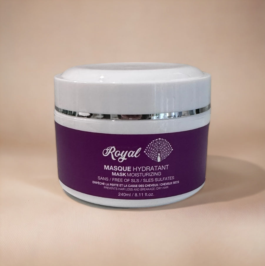 A 240ml container of Royal Moisturizing Hair Mask, formulated to deeply hydrate, repair, and nourish hair for soft, healthy, and shiny results.