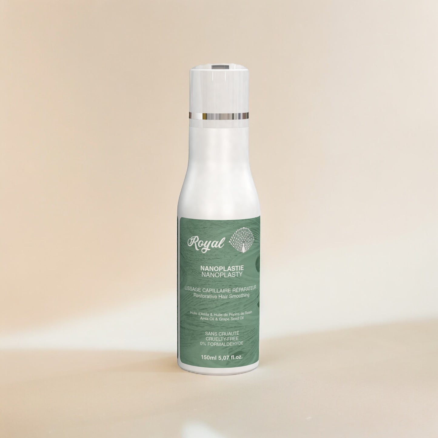 A 150ml bottle of Royal Nanoplasty treatment, designed to smooth, repair, and deeply nourish hair for a sleek and healthy look.