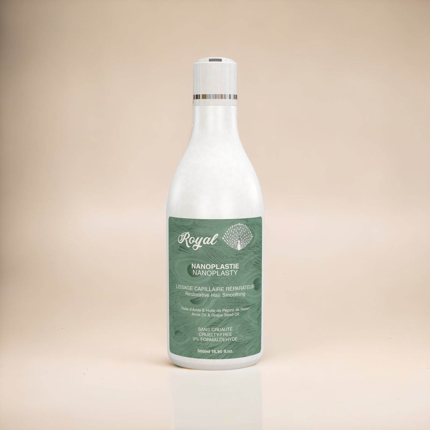 A 500ml bottle of Royal Nanoplasty treatment, formulated to smooth, repair, and deeply nourish hair for a sleek, healthy, and shiny finish.