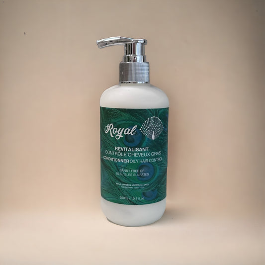 A 300ml bottle of Royal Oily Hair Control Conditioner, formulated to balance and control oily hair, leaving it fresh, soft, and manageable.