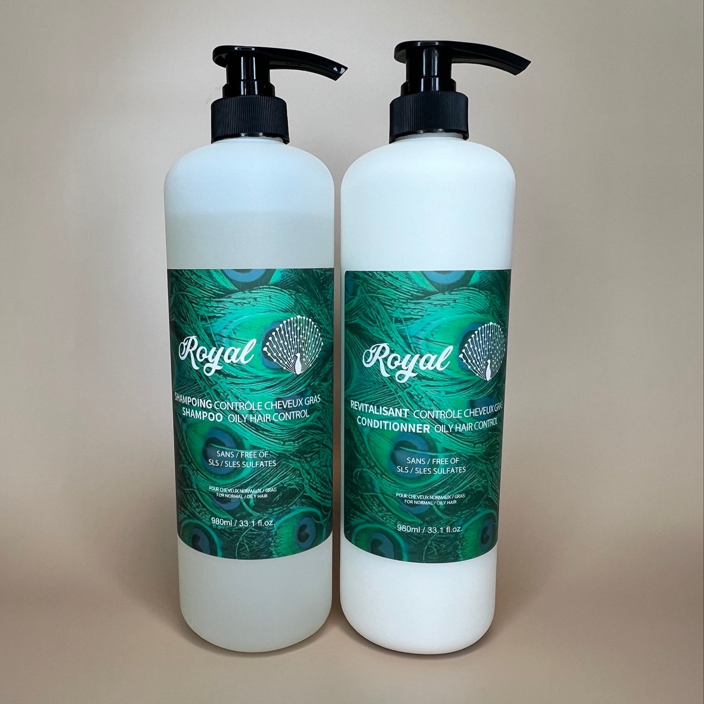 A 1 liter duo pack of Royal shampoo and conditioner designed to control oily hair and leave it feeling fresh and balanced.