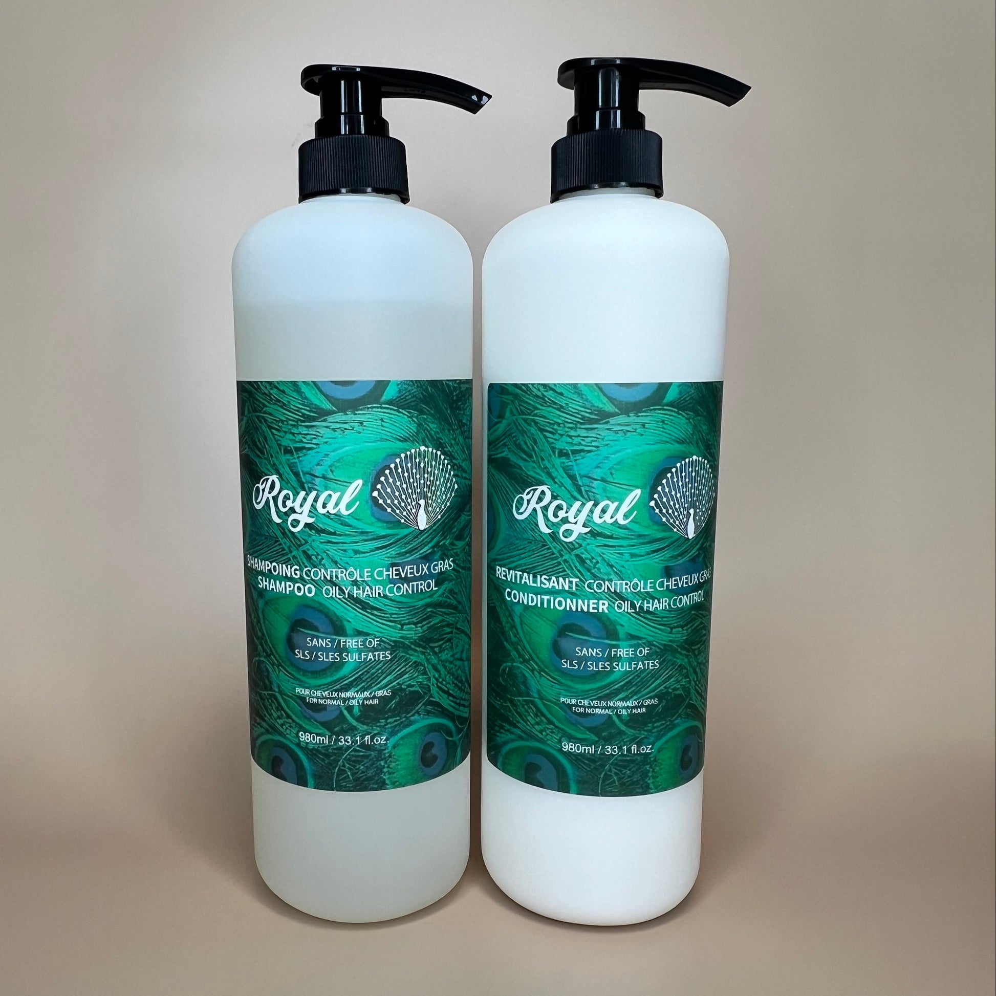 A 1 liter duo pack of Royal shampoo and conditioner designed to control oily hair and leave it feeling fresh and balanced.