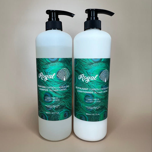 A 1 liter duo pack of Royal shampoo and conditioner designed to control oily hair and leave it feeling fresh and balanced.