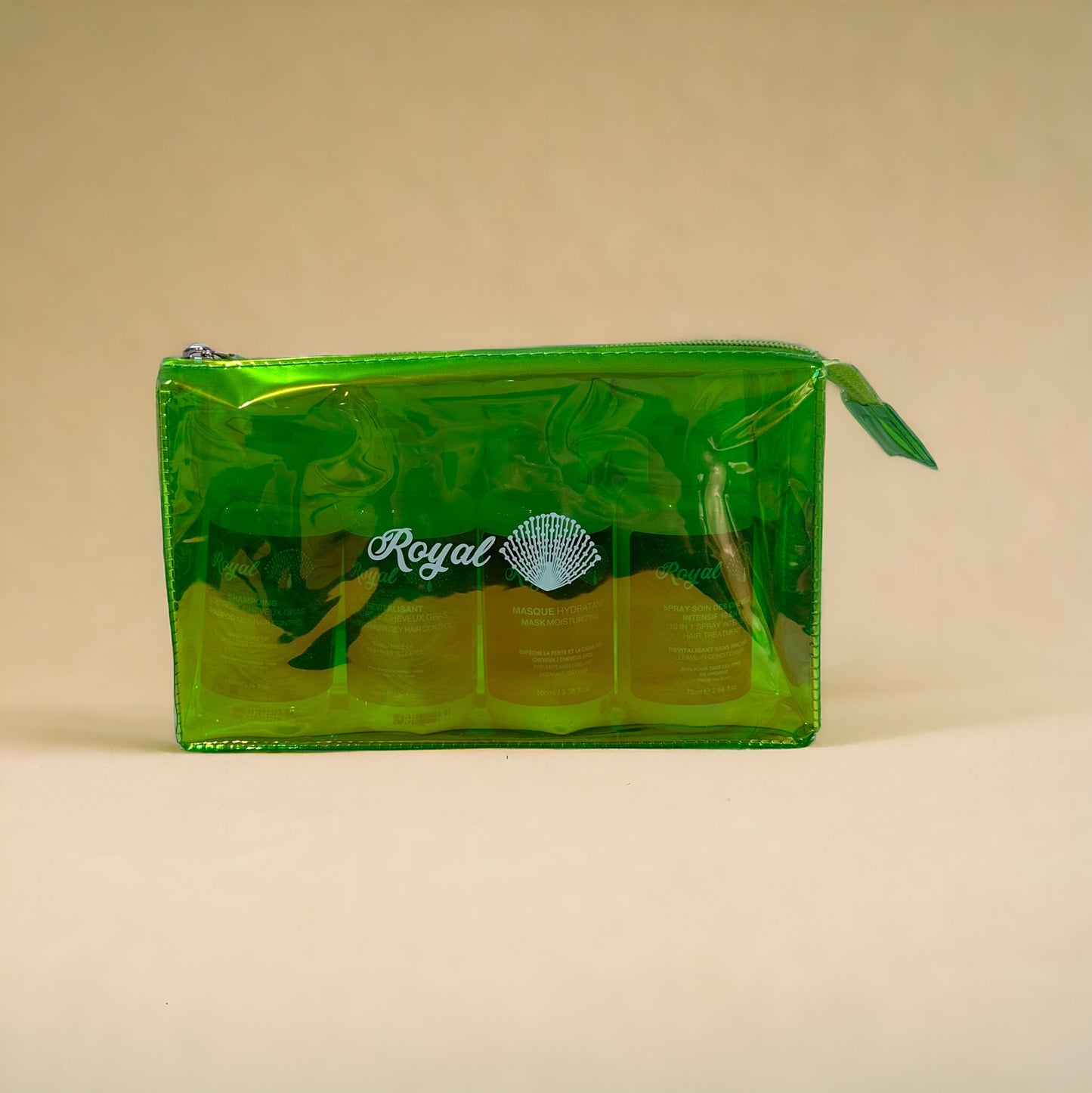 Royal Oily Hair Control Travel Set including 100ml shampoo, 100ml conditioner, 100ml hair mask, and 75ml leave-in conditioner, designed to balance and control oily hair while keeping it soft, fresh, and manageable on the go.