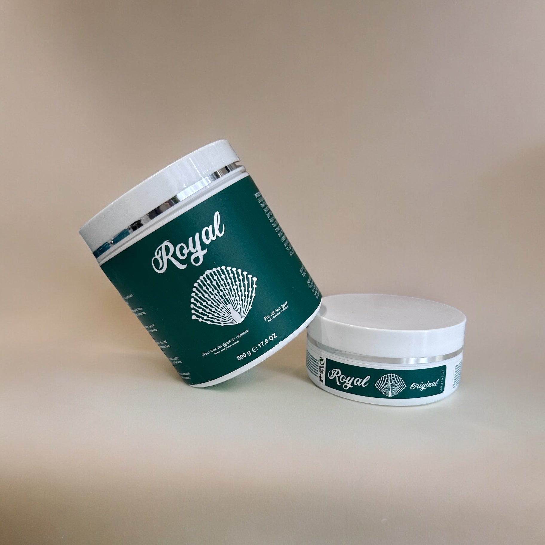 Royal Original Hair Botox in 150g and 500g containers shown together, designed to deeply nourish, repair, and smooth hair for a silky finish.