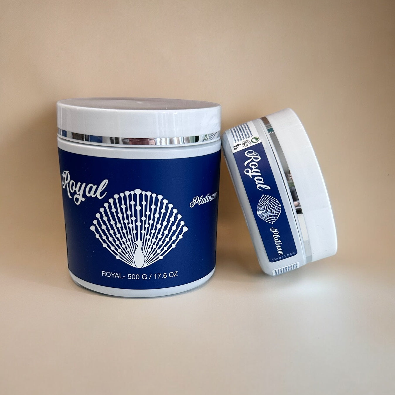 Royal Platinum Hair Botox in 150g and 500g containers shown together, formulated to deeply repair, smooth, and nourish hair for a luxurious, silky finish.