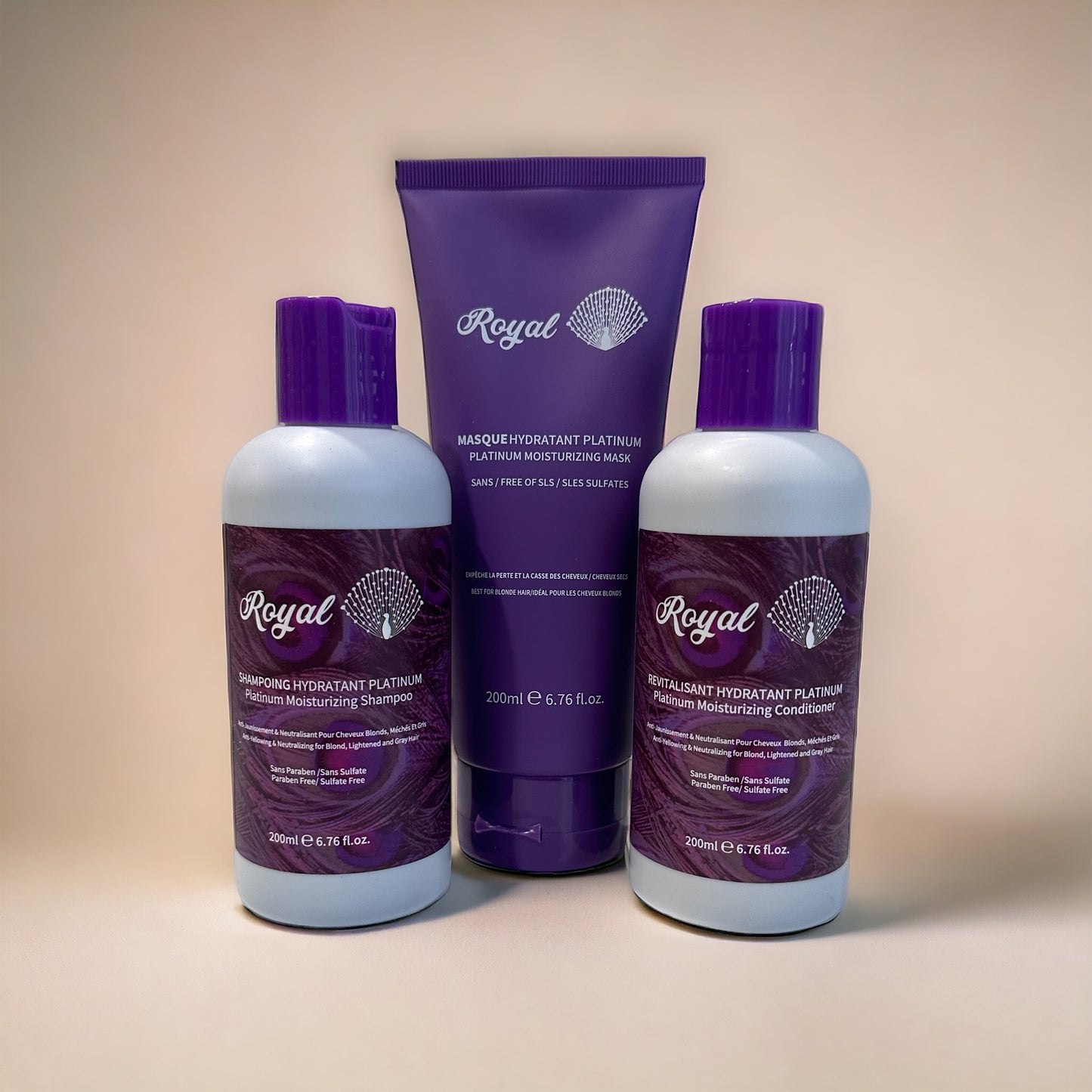 Royal Platinum Hydration products including shampoo, hair mask, and conditioner, shown without packaging, designed to deeply hydrate, nourish, and leave hair soft and silky.