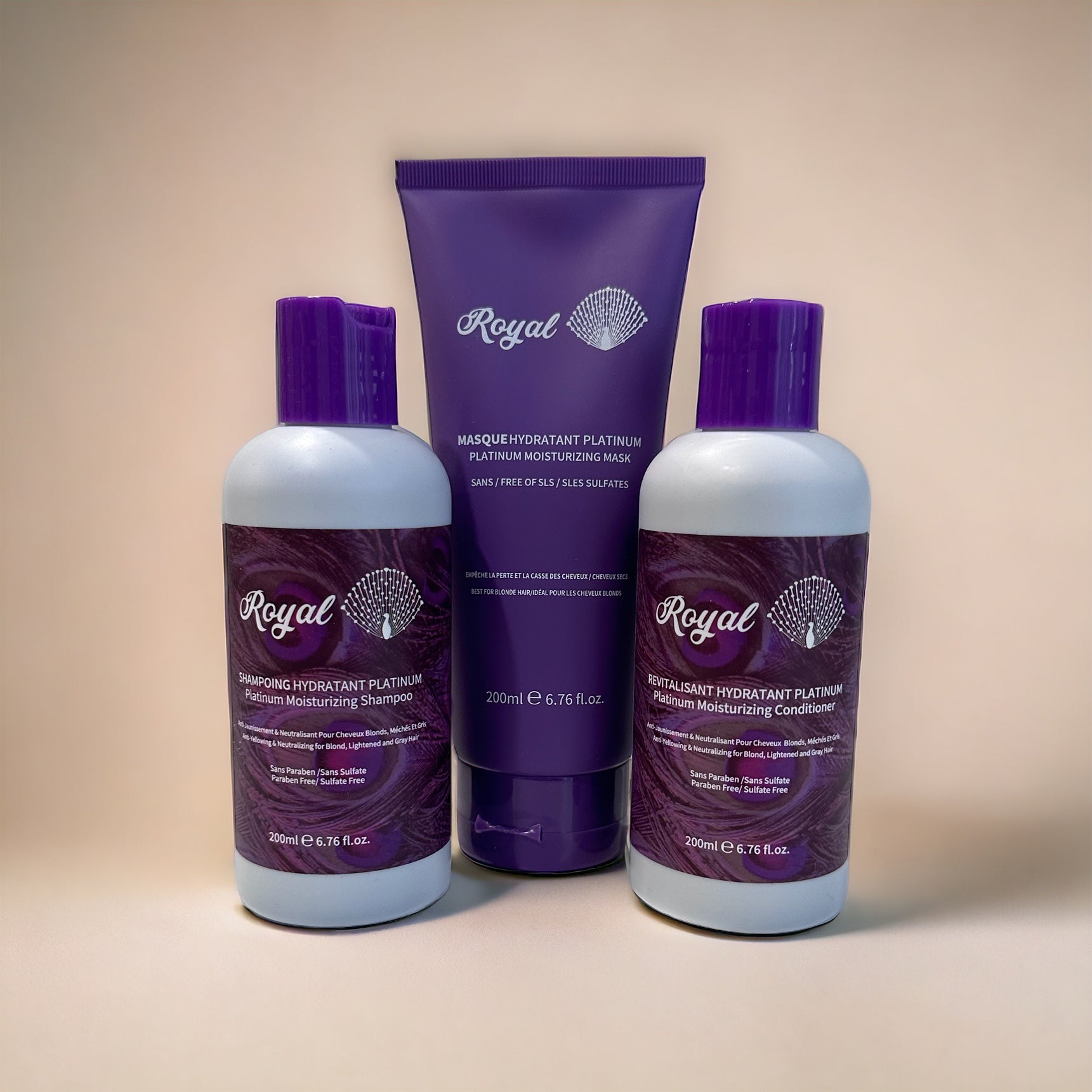 Royal Platinum Hydration products including shampoo, hair mask, and conditioner, shown without packaging, designed to deeply hydrate, nourish, and leave hair soft and silky.