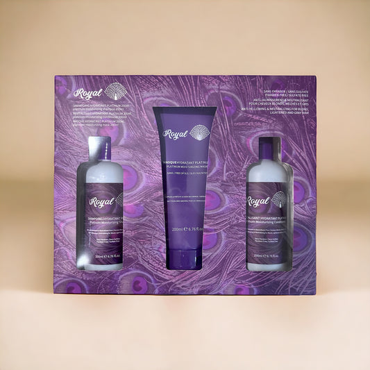 Royal Platinum Hydration Set including moisturizing shampoo, hair mask, and conditioner, formulated to deeply hydrate, nourish, and leave hair soft and silky.