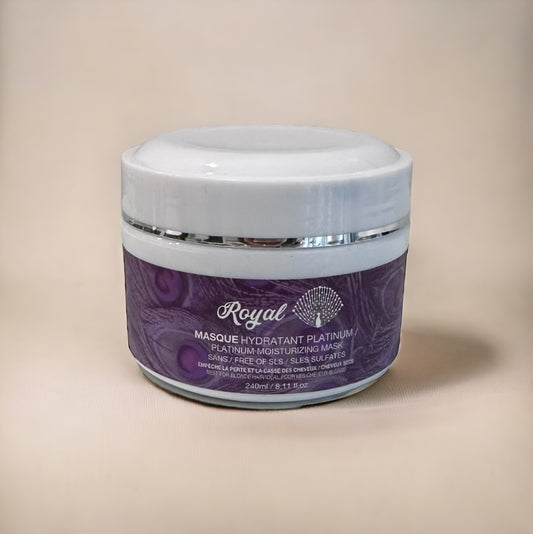 A 240ml container of Royal Platinum Moisturizing Hair Mask, designed to deeply hydrate, repair, and nourish hair for soft, silky, and healthy results.