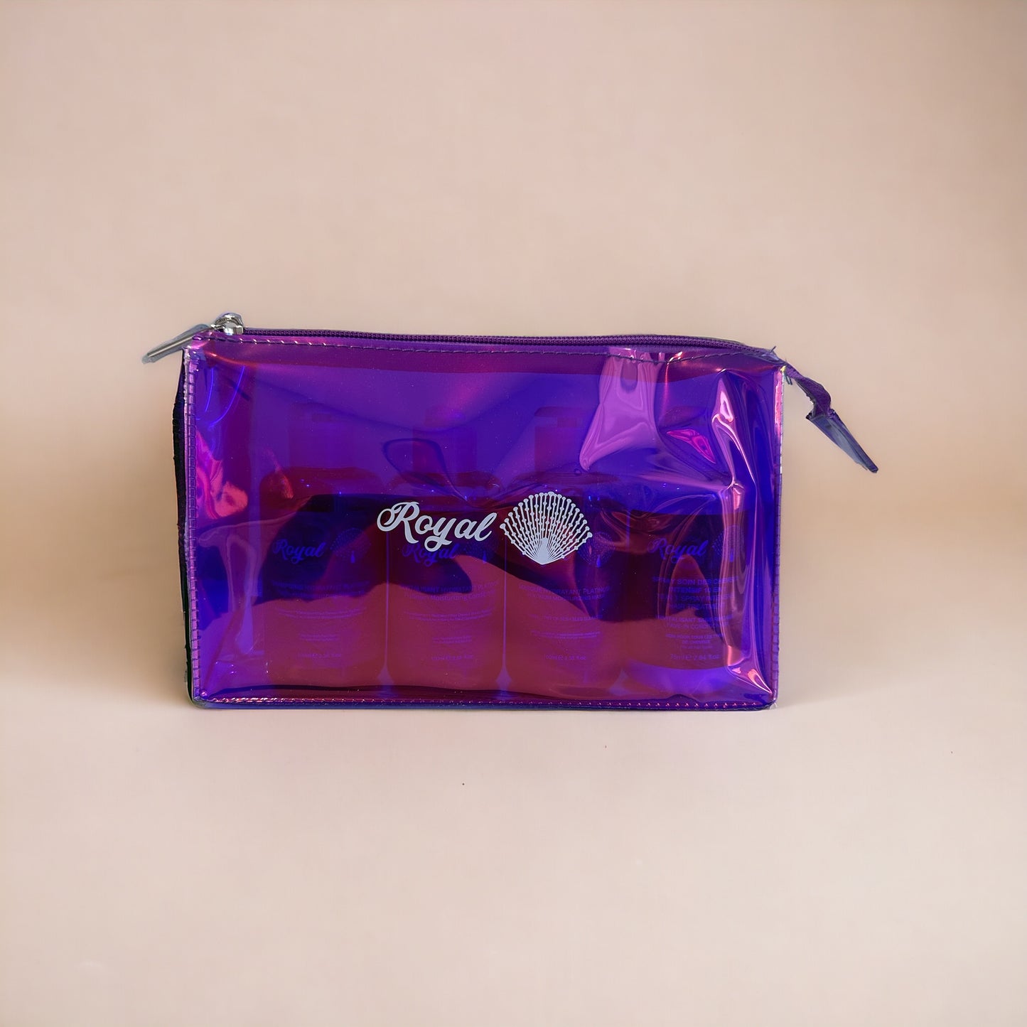 Royal Platinum Travel Set including 100ml shampoo, 100ml conditioner, 100ml hair mask, and 75ml leave-in conditioner, designed to deeply hydrate, nourish, and smooth hair while on the go.