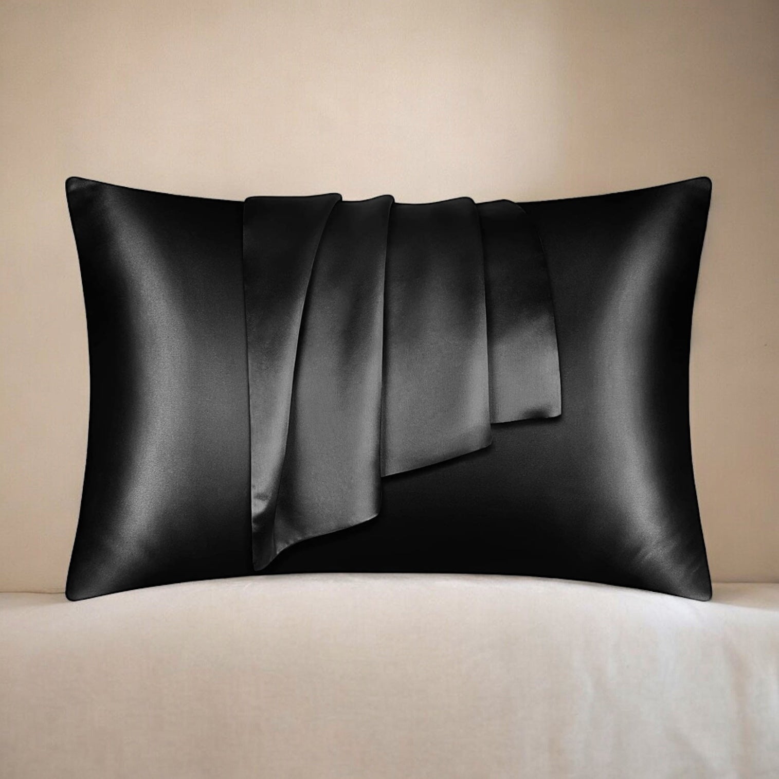 Royal satin pillowcase in black, designed to reduce friction on hair and skin, promoting smooth, healthy hair and a comfortable sleep.