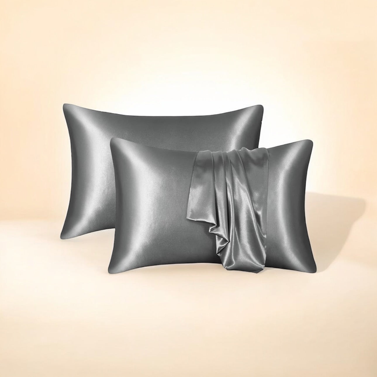 Royal satin pillowcase in charcoal color, designed to reduce friction on hair and skin, promoting smooth, healthy hair and a comfortable sleep.